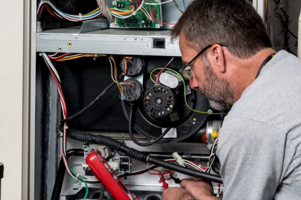 HVAC technician attending to a furnace for repair